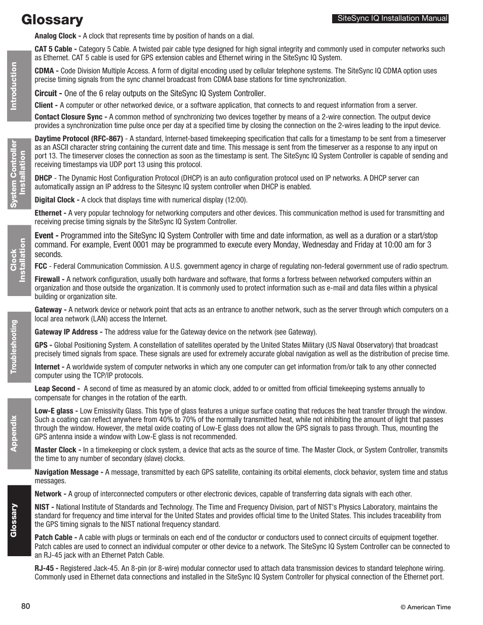 Glossary | American Time SiteSync IQ User Manual | Page 80 / 81