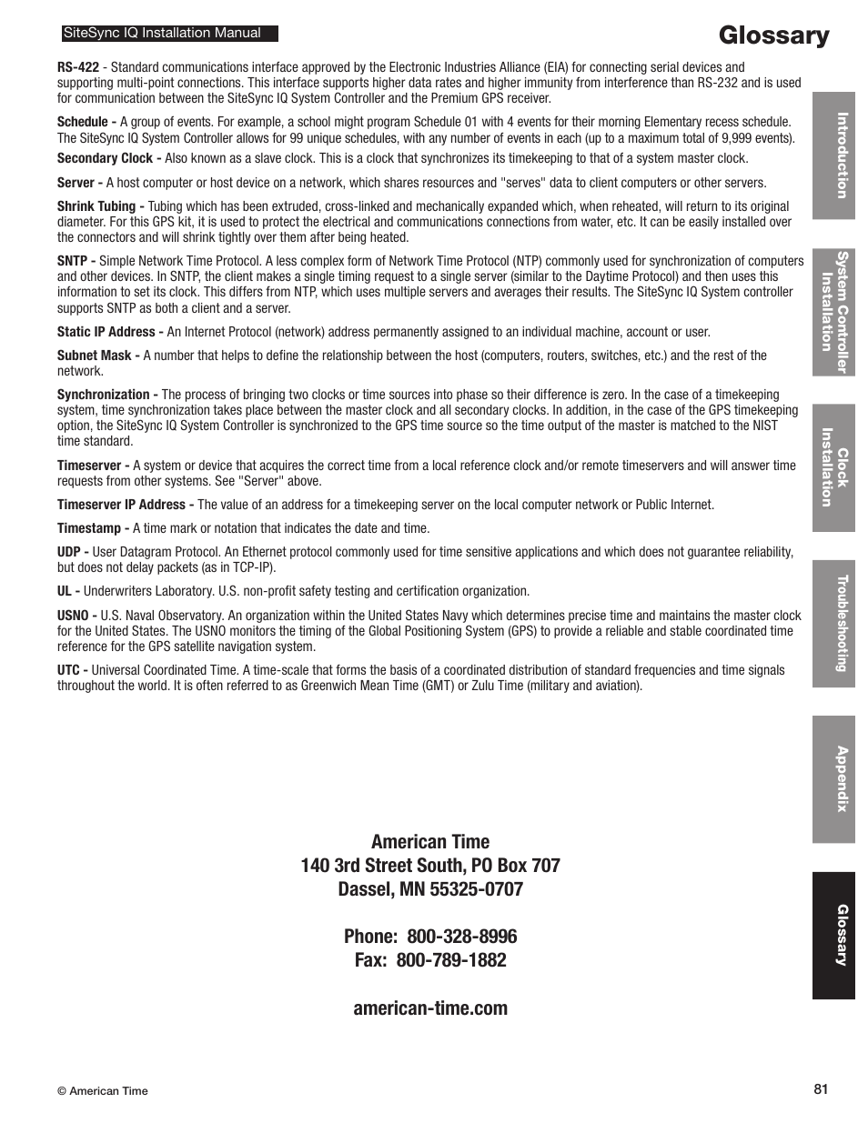 Glossary | American Time SiteSync IQ User Manual | Page 81 / 81