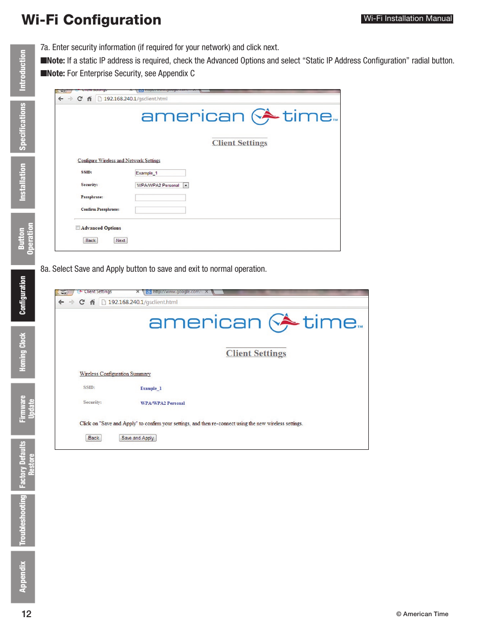 Wi-fi configuration | American Time Wi-Fi Clocks User Manual | Page 12 / 23