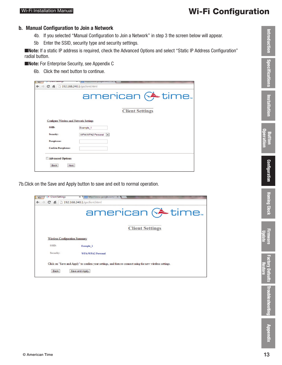 Wi-fi configuration | American Time Wi-Fi Clocks User Manual | Page 13 / 23