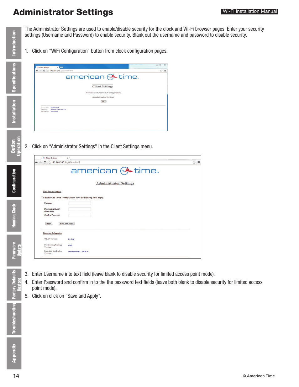 Administrator settings | American Time Wi-Fi Clocks User Manual | Page 14 / 23