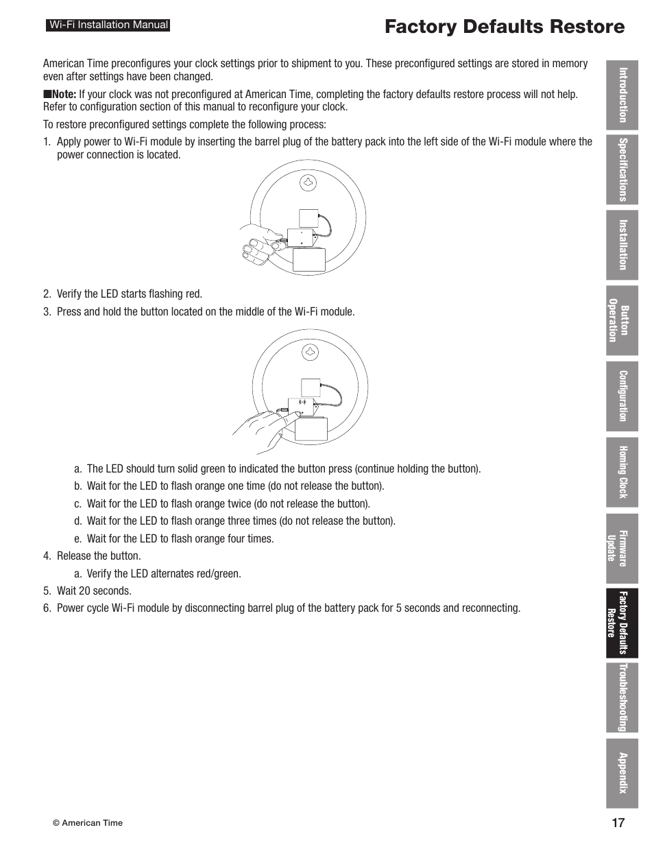 Factory defaults restore | American Time Wi-Fi Clocks User Manual | Page 17 / 23