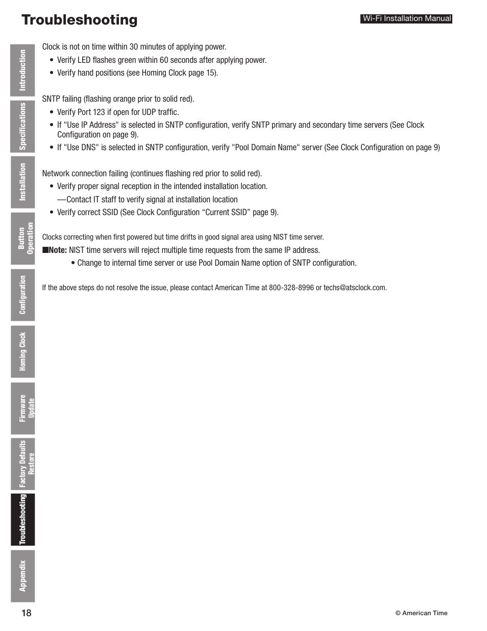 Troubleshooting | American Time Wi-Fi Clocks User Manual | Page 18 / 23