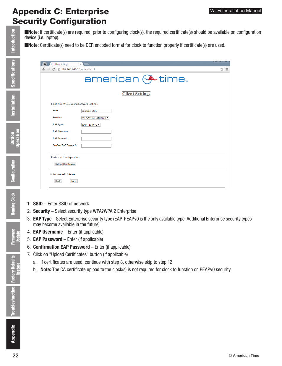 Appendix c: enterprise security configuration | American Time Wi-Fi Clocks User Manual | Page 22 / 23