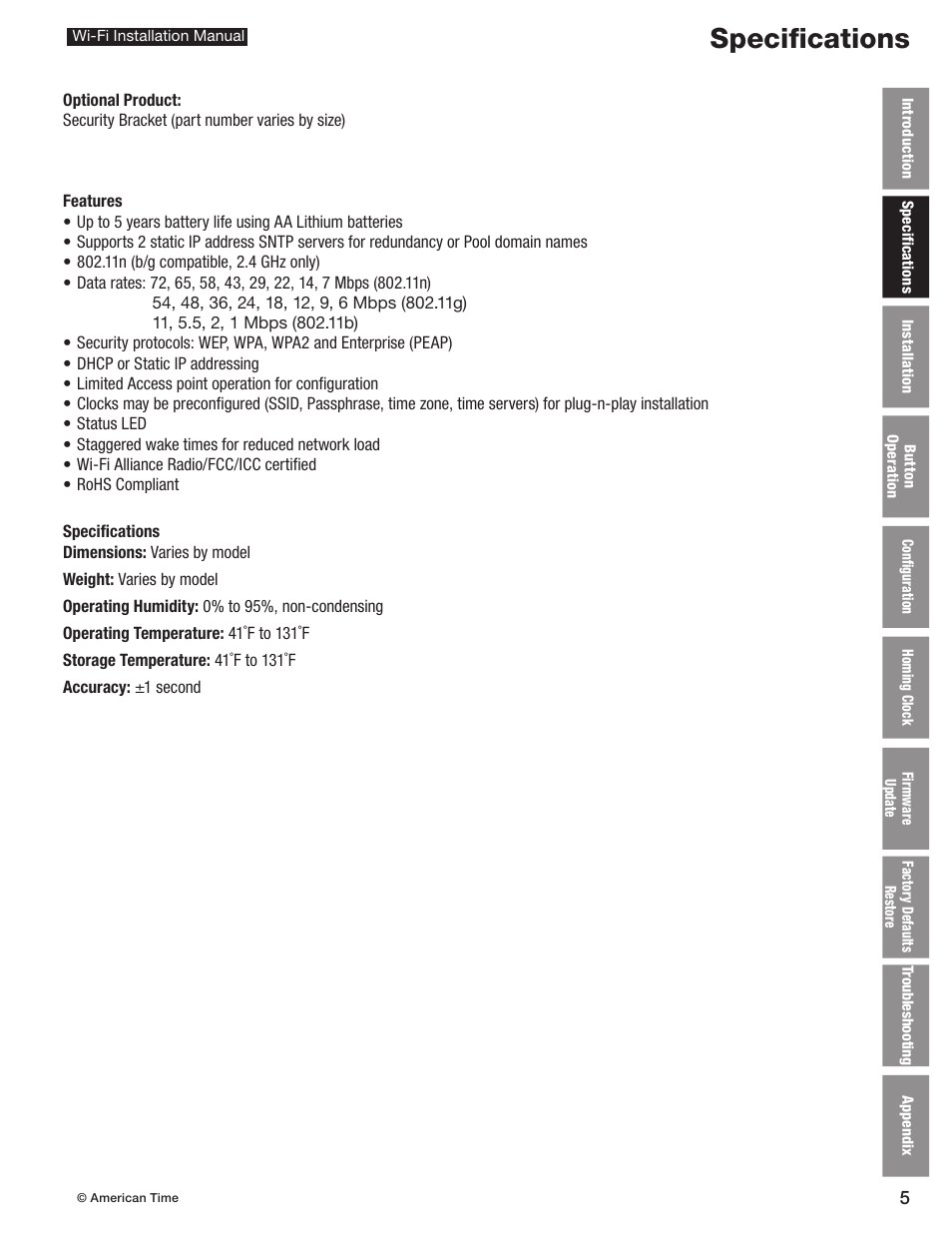 Specifications | American Time Wi-Fi Clocks User Manual | Page 5 / 23