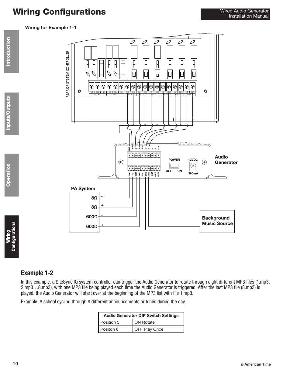 Wiring configurations, Example 1-2, Wiring for example 1-1 | American Time Wired Audio Generator User Manual | Page 10 / 17