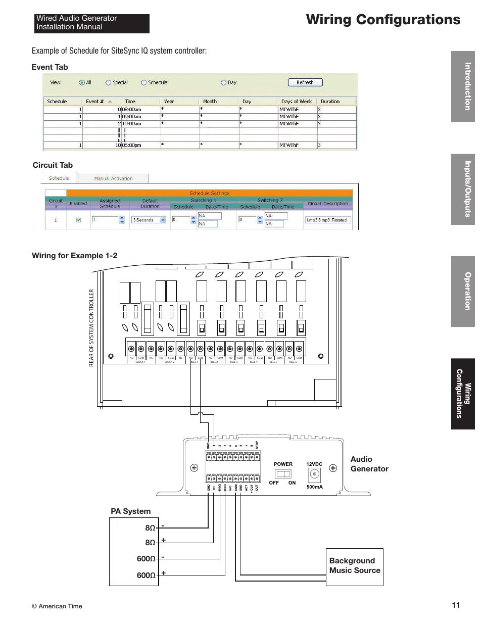 Wiring configurations, Wiring for example 1-2, Event tab circuit tab | American Time Wired Audio Generator User Manual | Page 11 / 17