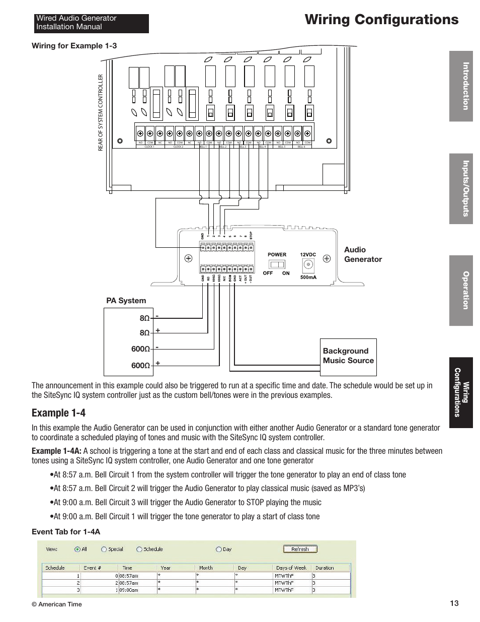 Wiring configurations, Example 1-4 | American Time Wired Audio Generator User Manual | Page 13 / 17