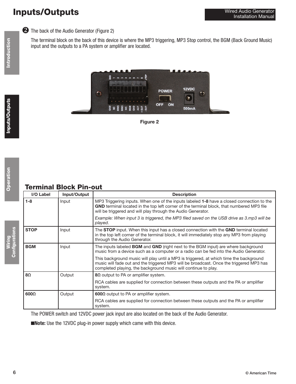 Inputs/outputs, Terminal block pin-out | American Time Wired Audio Generator User Manual | Page 6 / 17