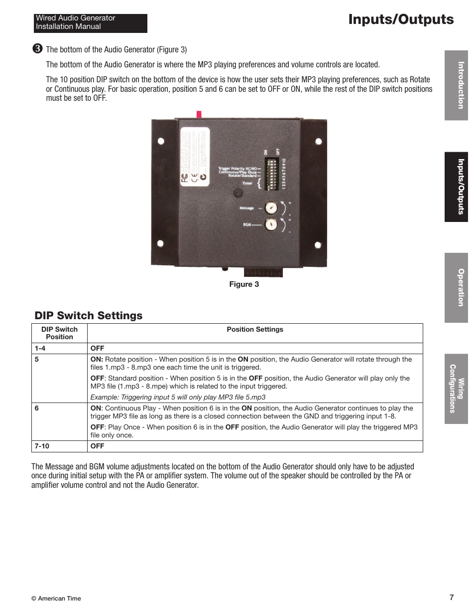 Inputs/outputs, Dip switch settings | American Time Wired Audio Generator User Manual | Page 7 / 17