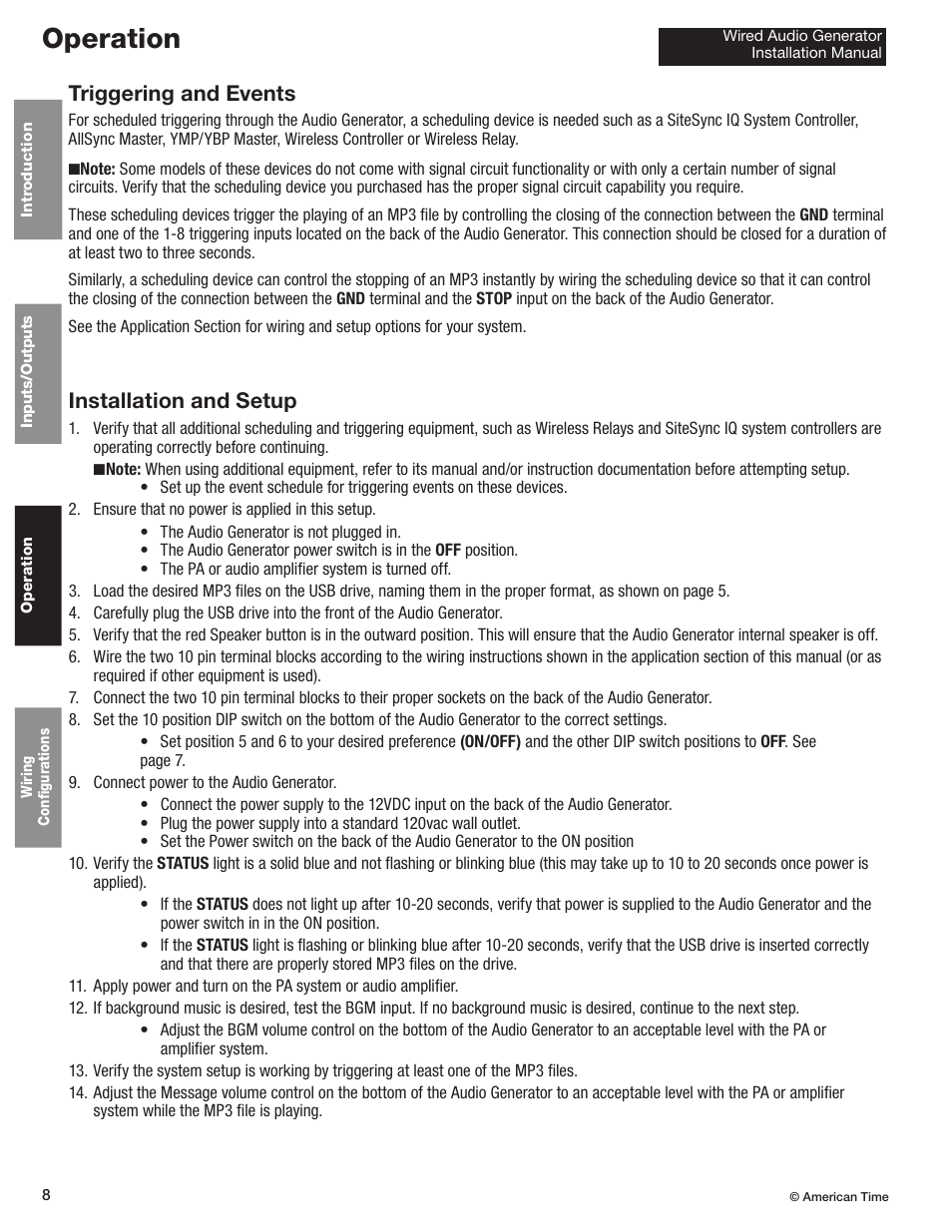 Operation, Triggering and events, Installation and setup | American Time Wired Audio Generator User Manual | Page 8 / 17