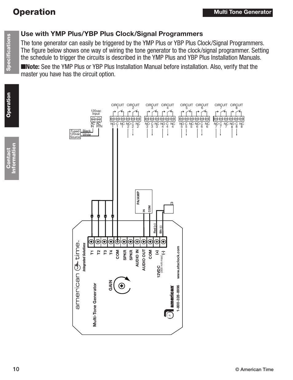 Operation, 10 multi tone generator, Contact information operation specifications | American time | American Time Wired Tone Generator User Manual | Page 10 / 11