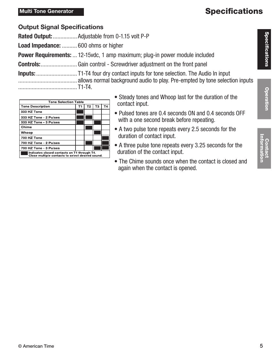 Specifications | American Time Wired Tone Generator User Manual | Page 5 / 11