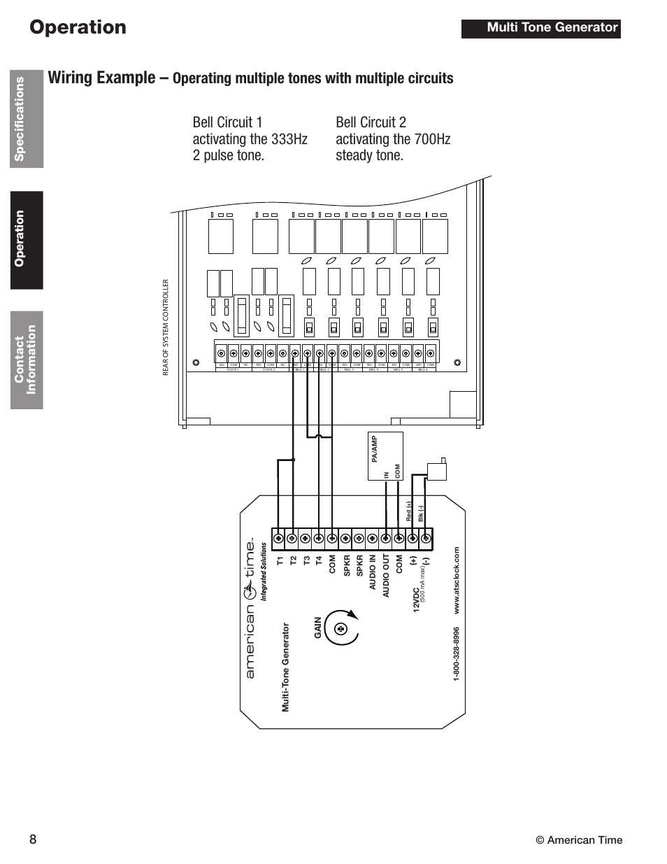 Operation, Wiring example, 8multi tone generator | Contact information operation specifications, American time | American Time Wired Tone Generator User Manual | Page 8 / 11