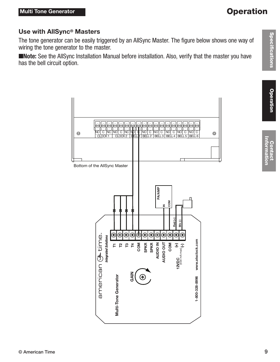 Operation, Use with allsync, Multi tone generator | American Time Wired Tone Generator User Manual | Page 9 / 11