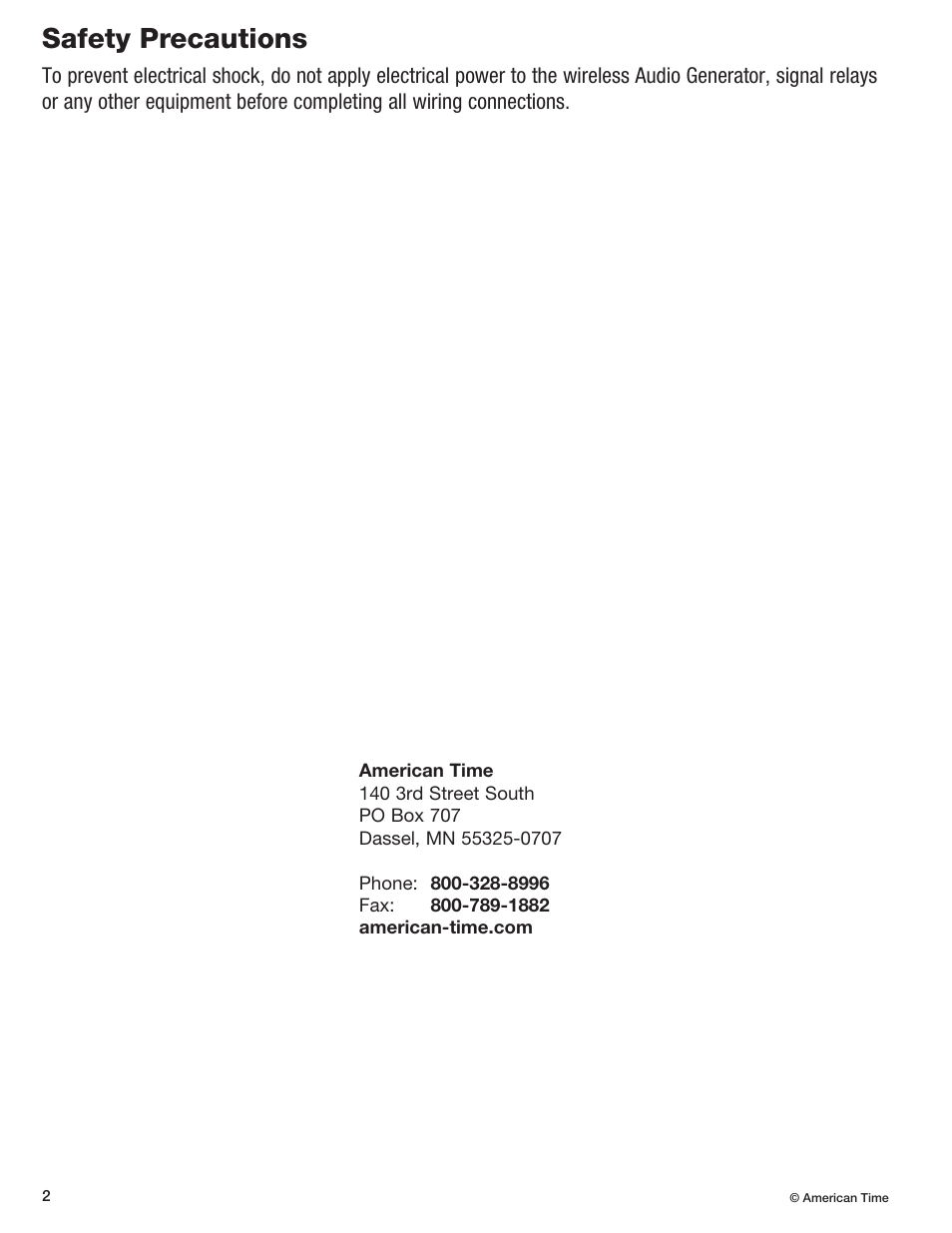 Safety precautions | American Time Wireless Audio Generator User Manual | Page 2 / 12