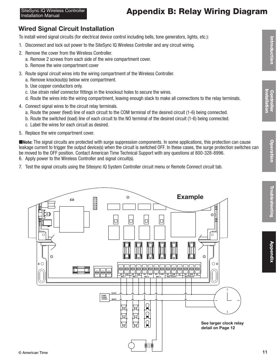 Appendix b: relay wiring diagram, Example, Wired signal circuit installation | American Time Wireless Controller User Manual | Page 11 / 13