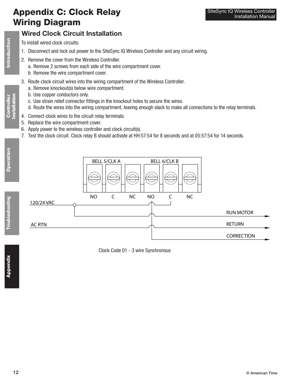 Appendix c: clock relay wiring diagram, Wired clock circuit installation | American Time Wireless Controller User Manual | Page 12 / 13