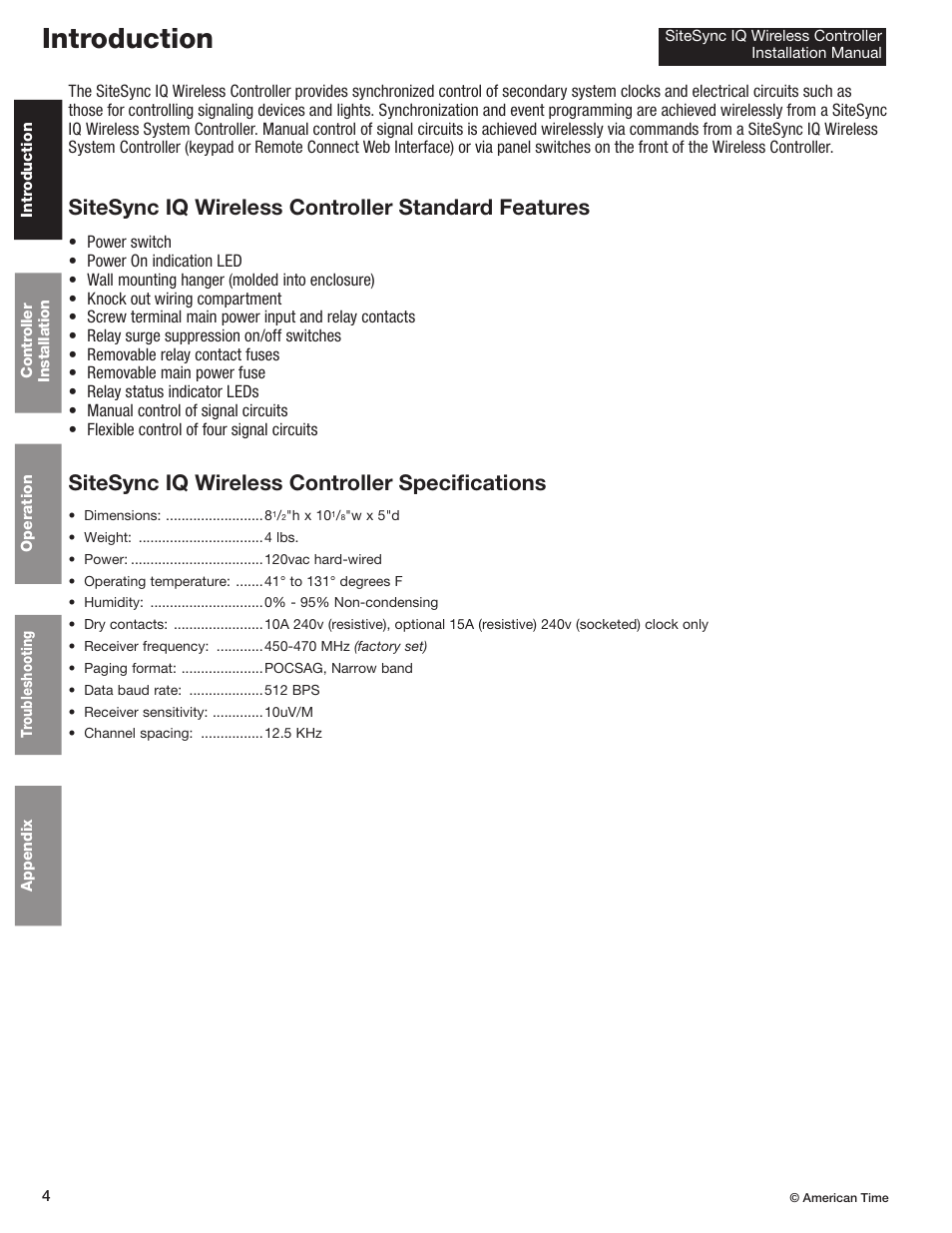 Introduction, Sitesync iq wireless controller standard features, Sitesync iq wireless controller specifications | American Time Wireless Controller User Manual | Page 4 / 13