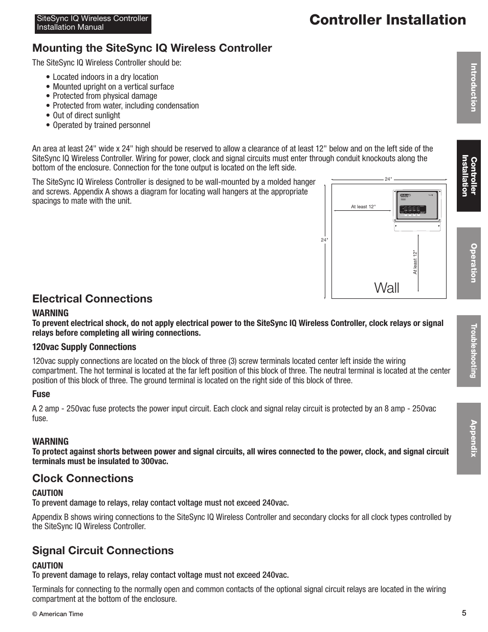 Controller installation, Wall, Mounting the sitesync iq wireless controller | Electrical connections, Clock connections, Signal circuit connections | American Time Wireless Controller User Manual | Page 5 / 13