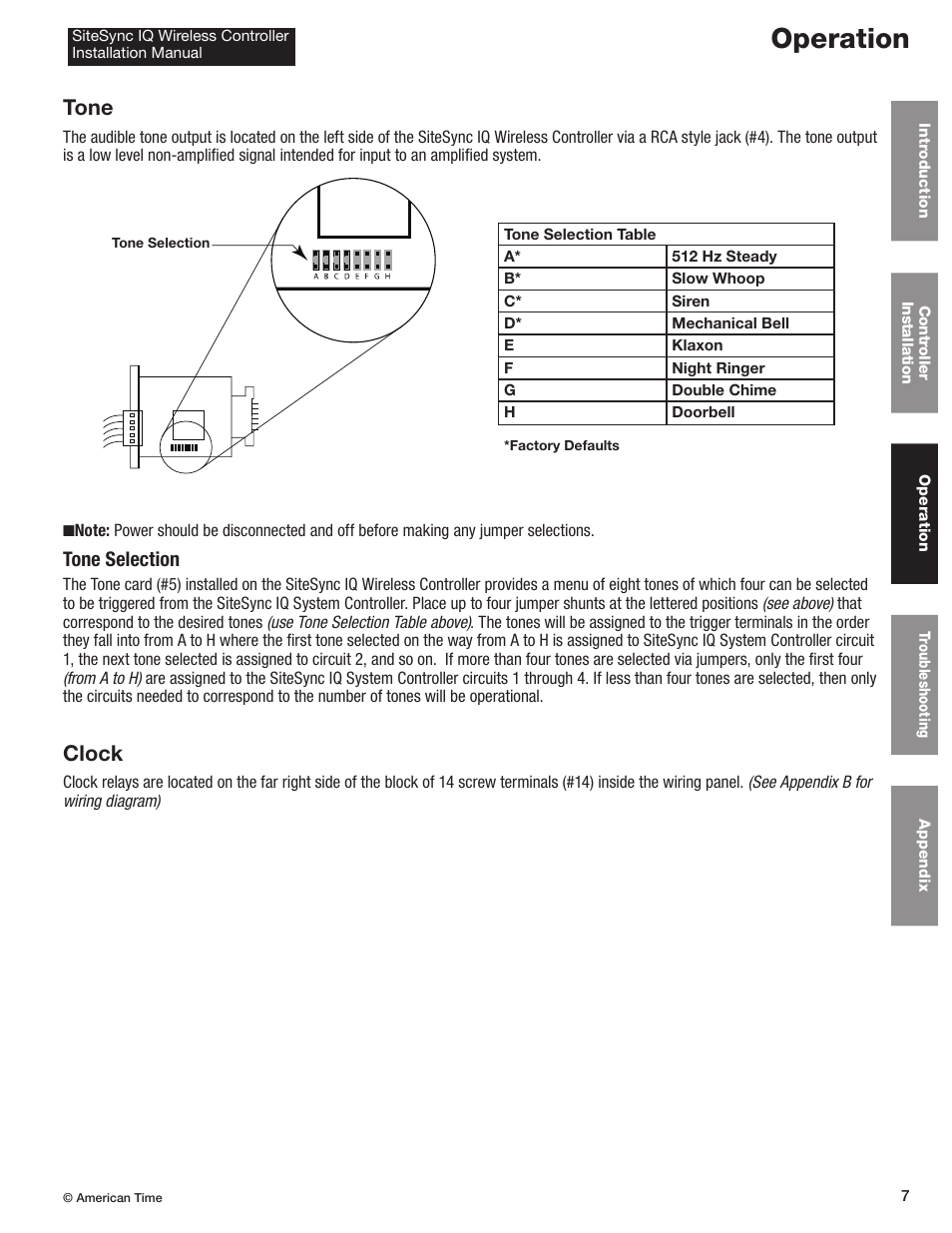 Operation, Tone, Clock | Tone selection | American Time Wireless Controller User Manual | Page 7 / 13