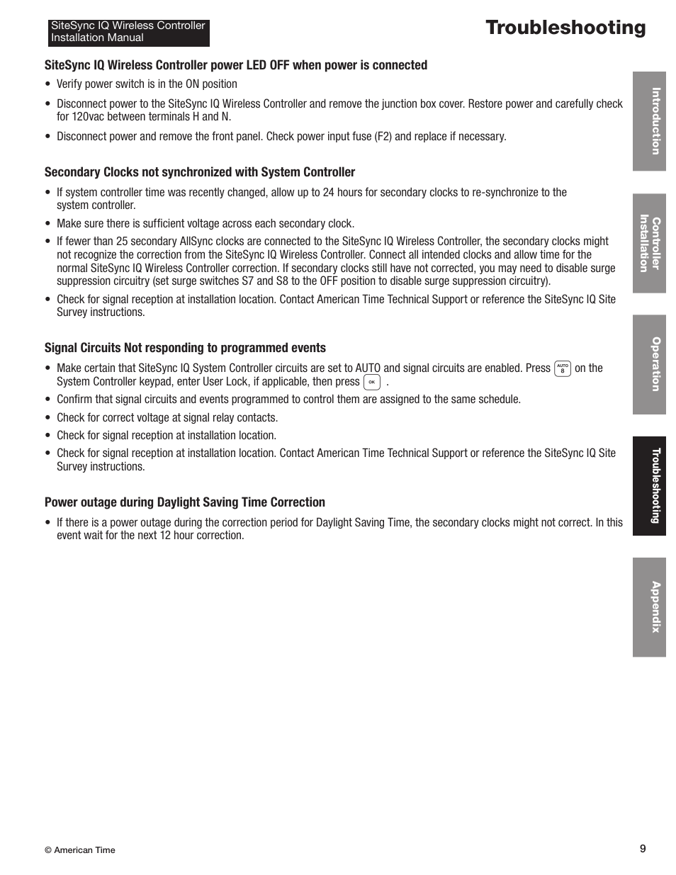 Troubleshooting | American Time Wireless Controller User Manual | Page 9 / 13