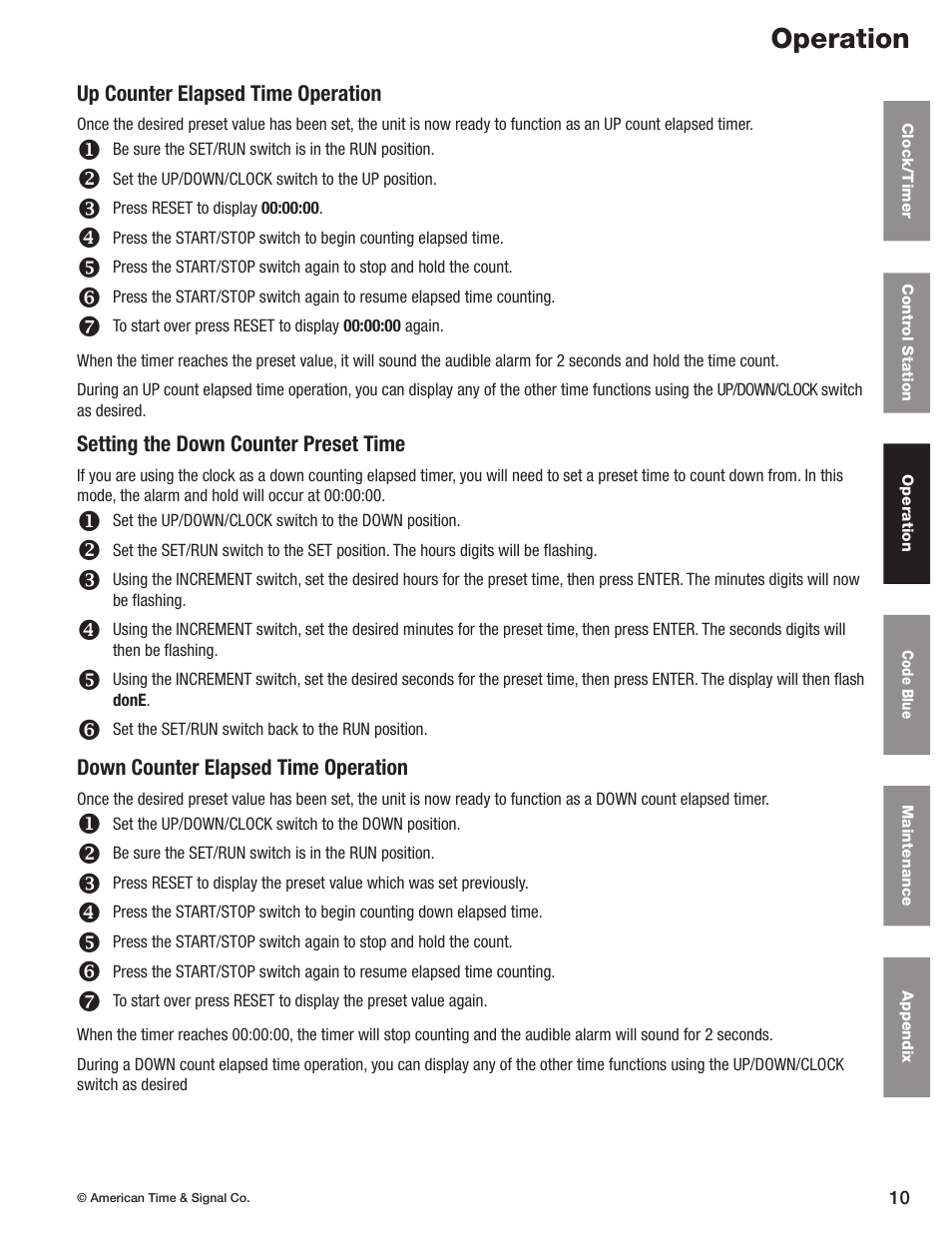 Operation | American Time Wireless Digital 2.3 Elapsed Timer with Code Blue User Manual | Page 11 / 16