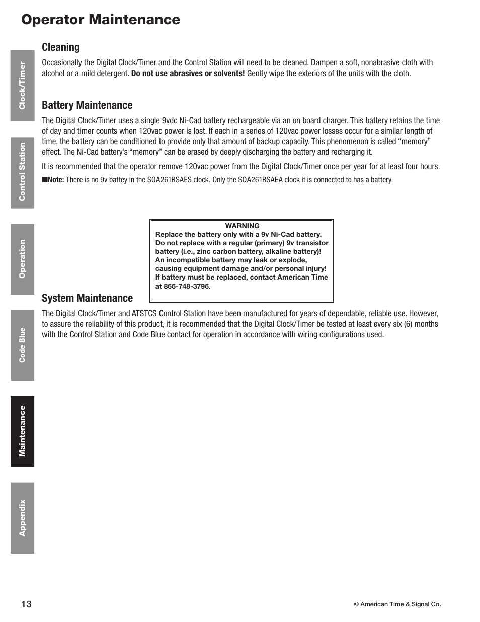 Operator maintenance, Cleaning, Battery maintenance | System maintenance | American Time Wireless Digital 2.3 Elapsed Timer with Code Blue User Manual | Page 14 / 16