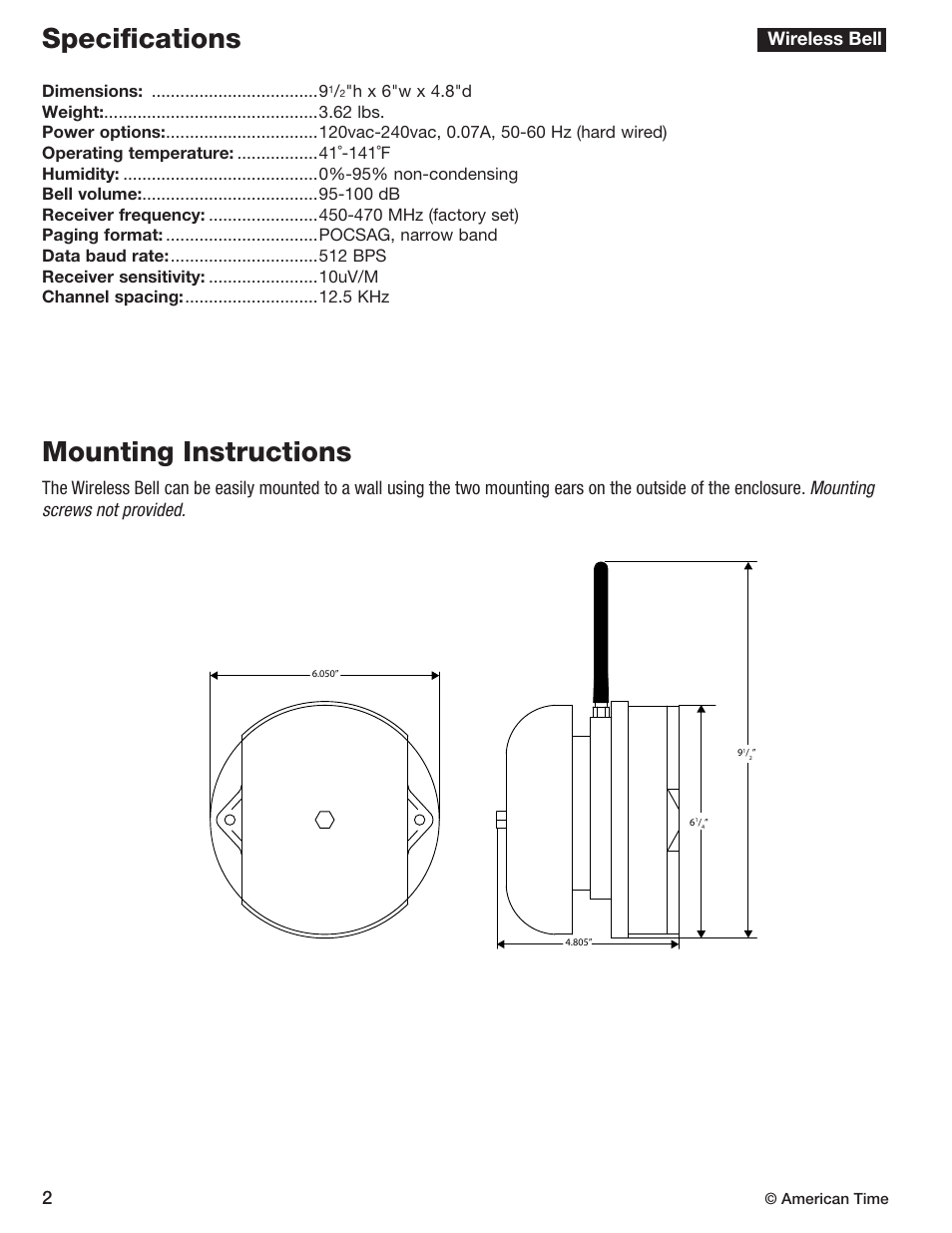 Specifications mounting instructions, Wireless bell, Dimensions | American Time Wireless Indoor Bell User Manual | Page 4 / 6