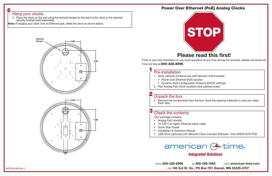 American Time American Series Analog PoE Clock User Manual | 2 pages