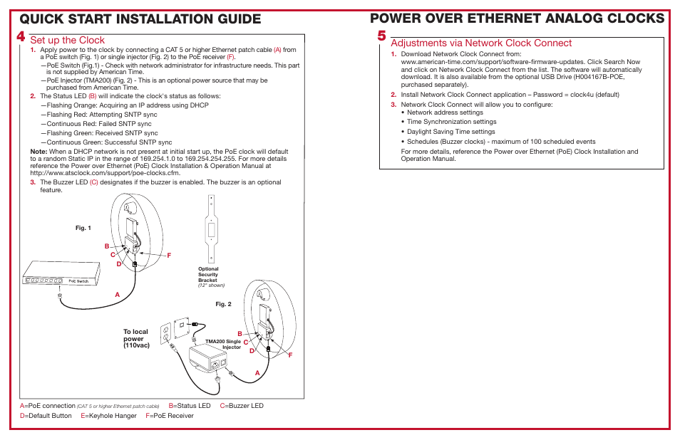 Set up the clock, Adjustments via network clock connect | American Time American Series Analog PoE Clock User Manual | Page 2 / 2