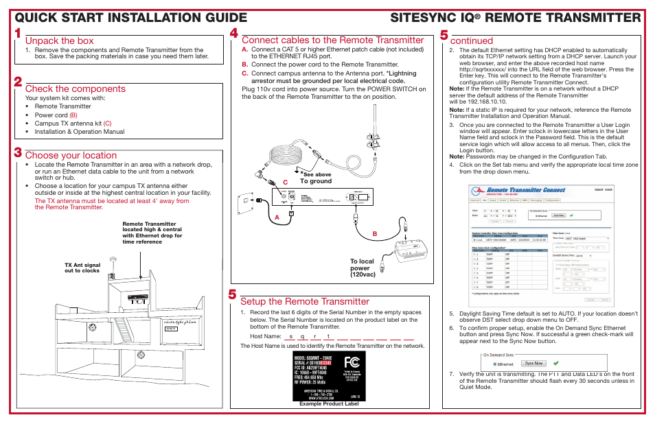 Quick start installation guide sitesync iq, Remote transmitter, Connect cables to the remote transmitter | Continued, Setup the remote transmitter, Unpack the box, Check the components, Choose your location | American Time Remote Transmitter 25 Watt User Manual | Page 2 / 2