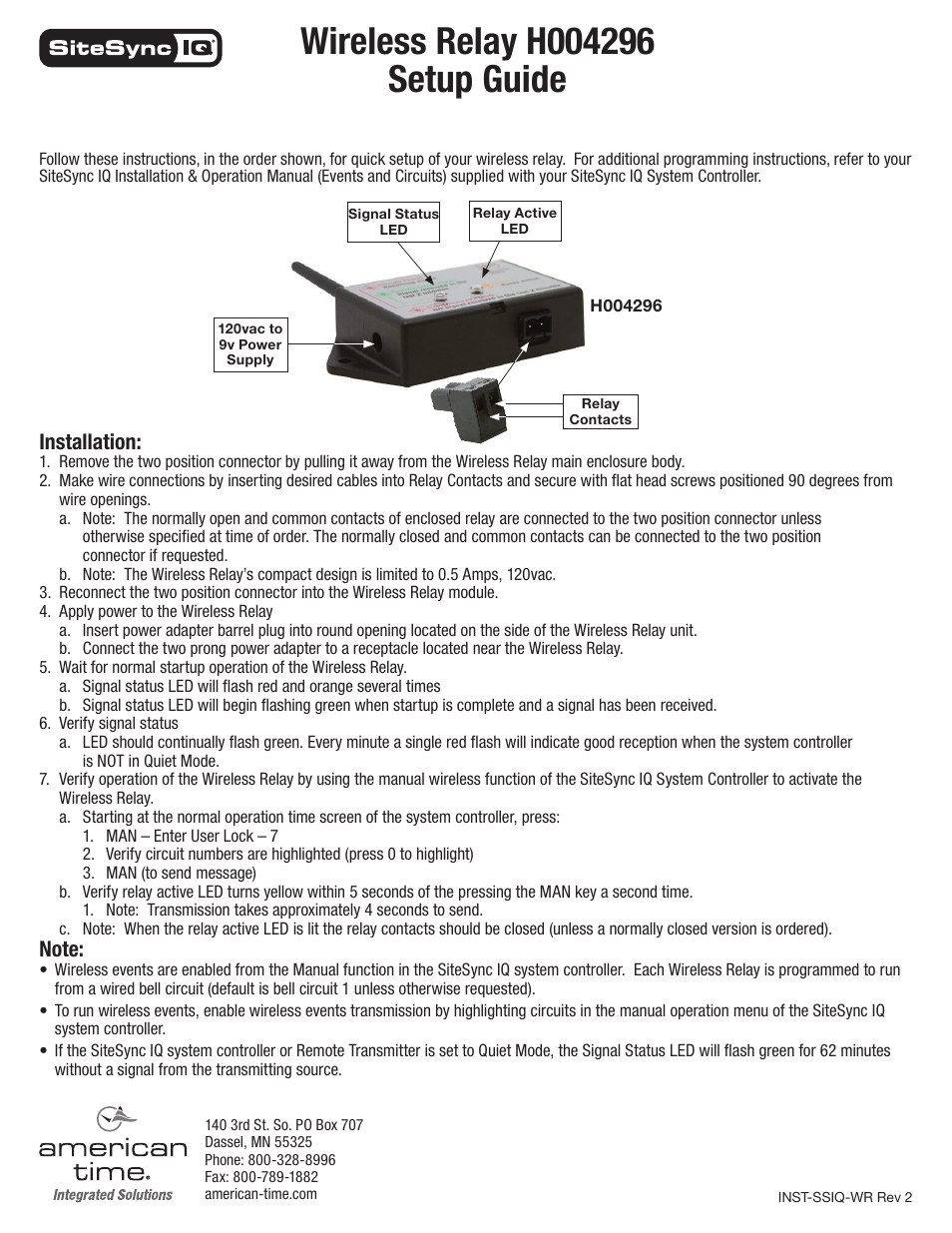 American Time H004296 Wireless Relay User Manual | 1 page