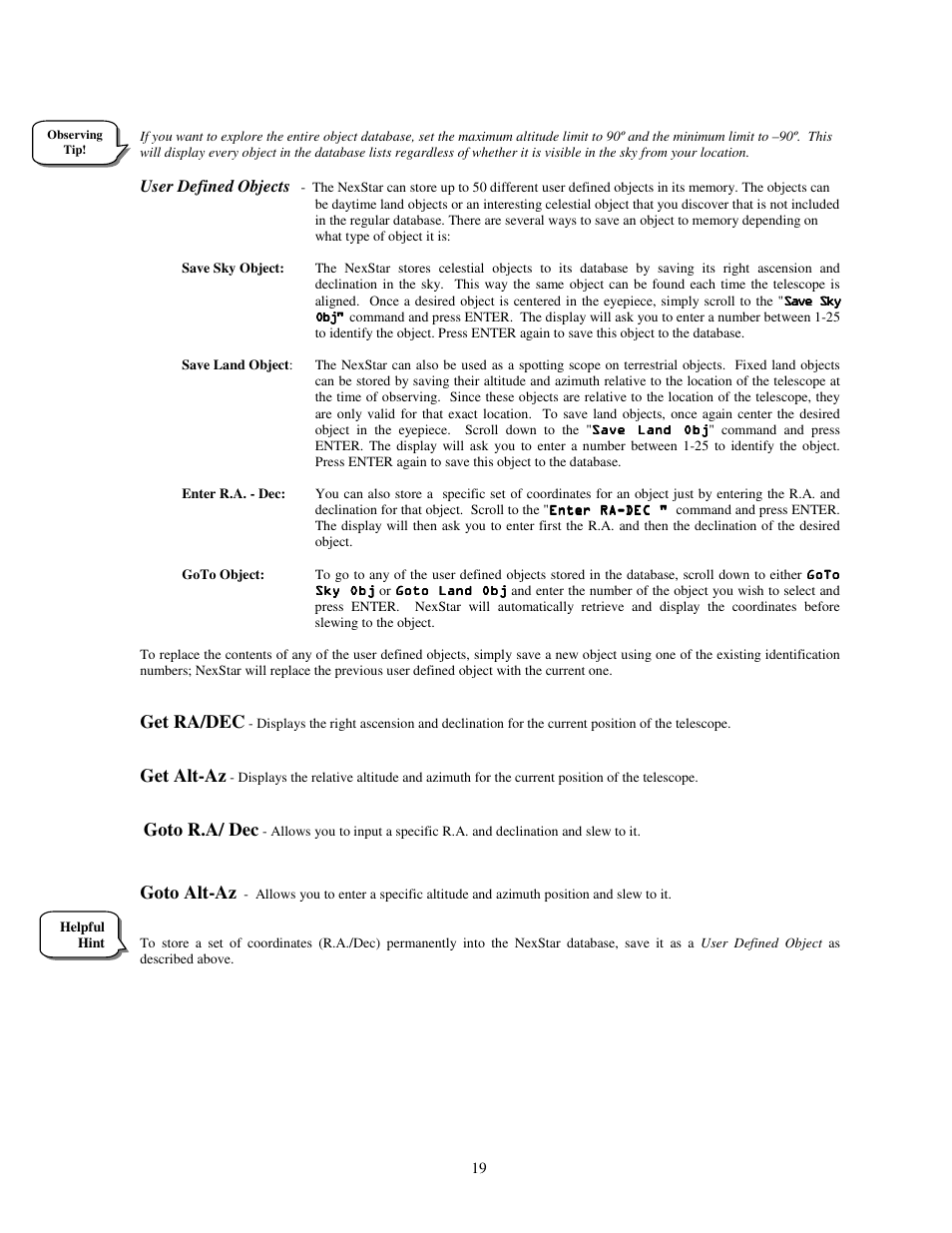 Get ra/dec, Get alt-az, Goto r.a/ dec | Goto alt-az | Celestron NEXSTAR 4 User Manual | Page 19 / 50