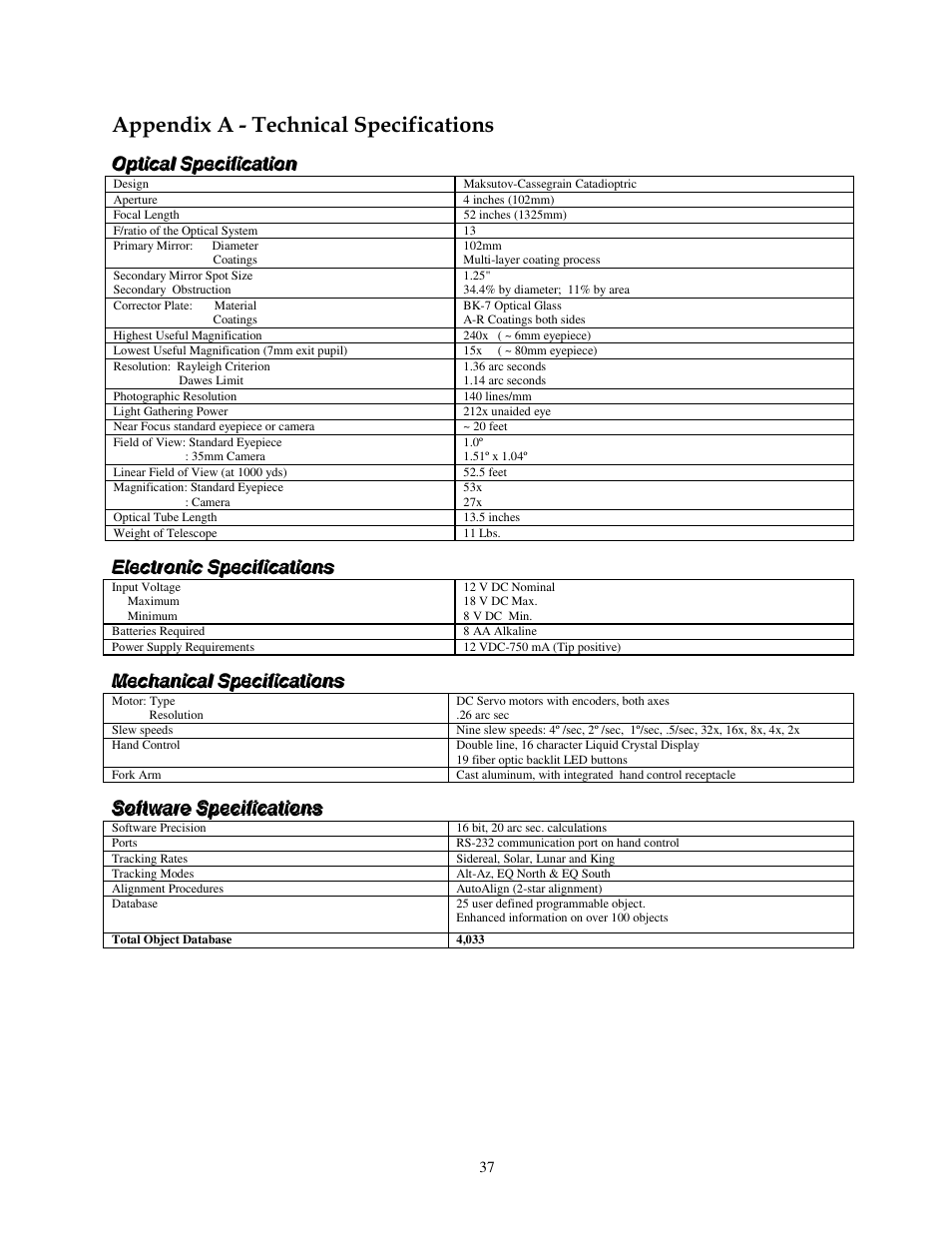 Appendix a - technical specifications | Celestron NEXSTAR 4 User Manual | Page 37 / 50