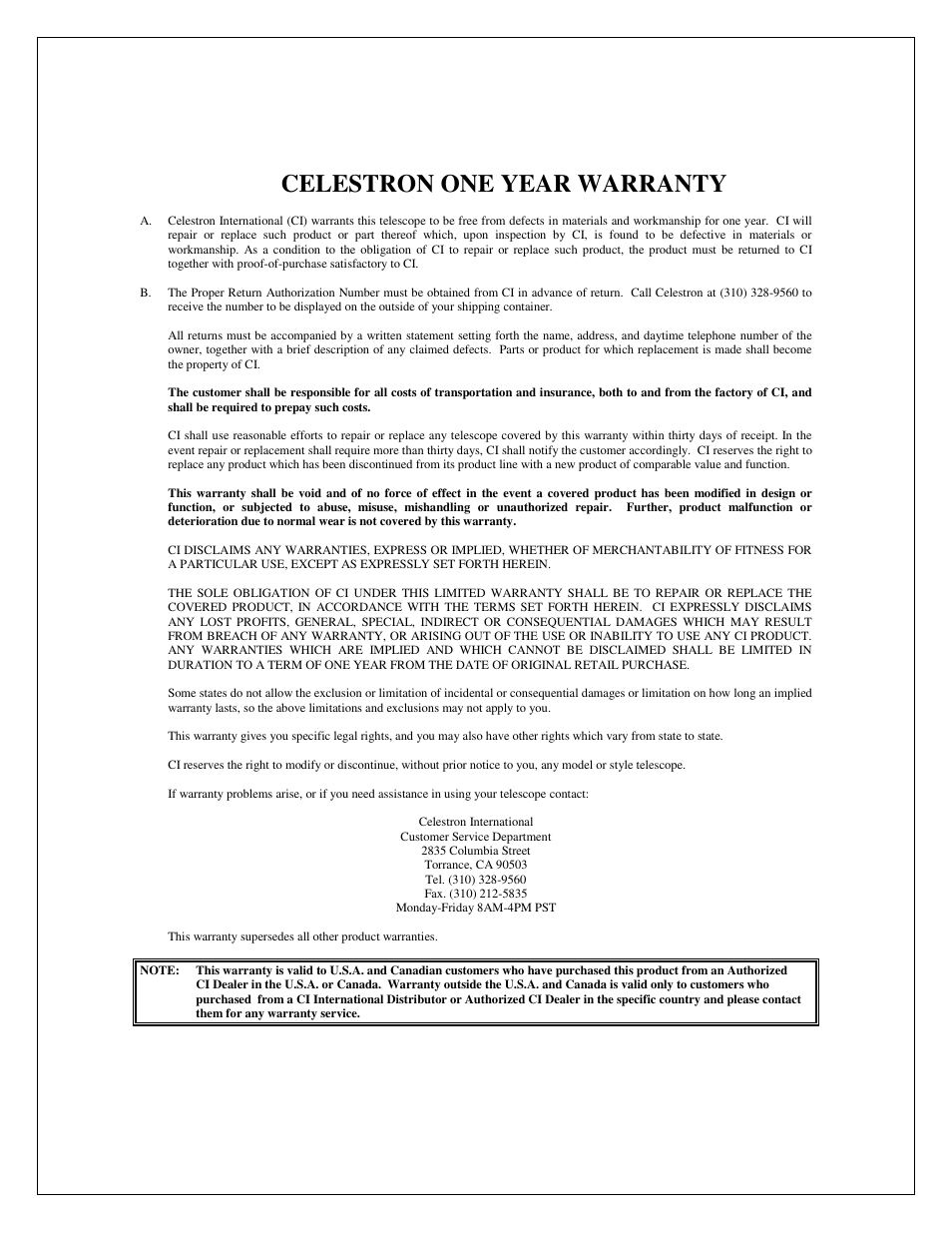 Celestron one year warranty | Celestron NEXSTAR 4 User Manual | Page 49 / 50