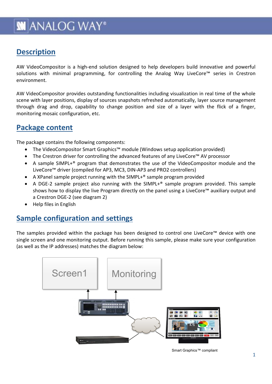 Screen1, Monitoring, Description | Package content, Sample configuration and settings | Analog Way AW VIDEOCOMPOSITOR - LIVECORE PLATFORM - Ref. AWVDC AWVDC Introduction User Manual | Page 2 / 8