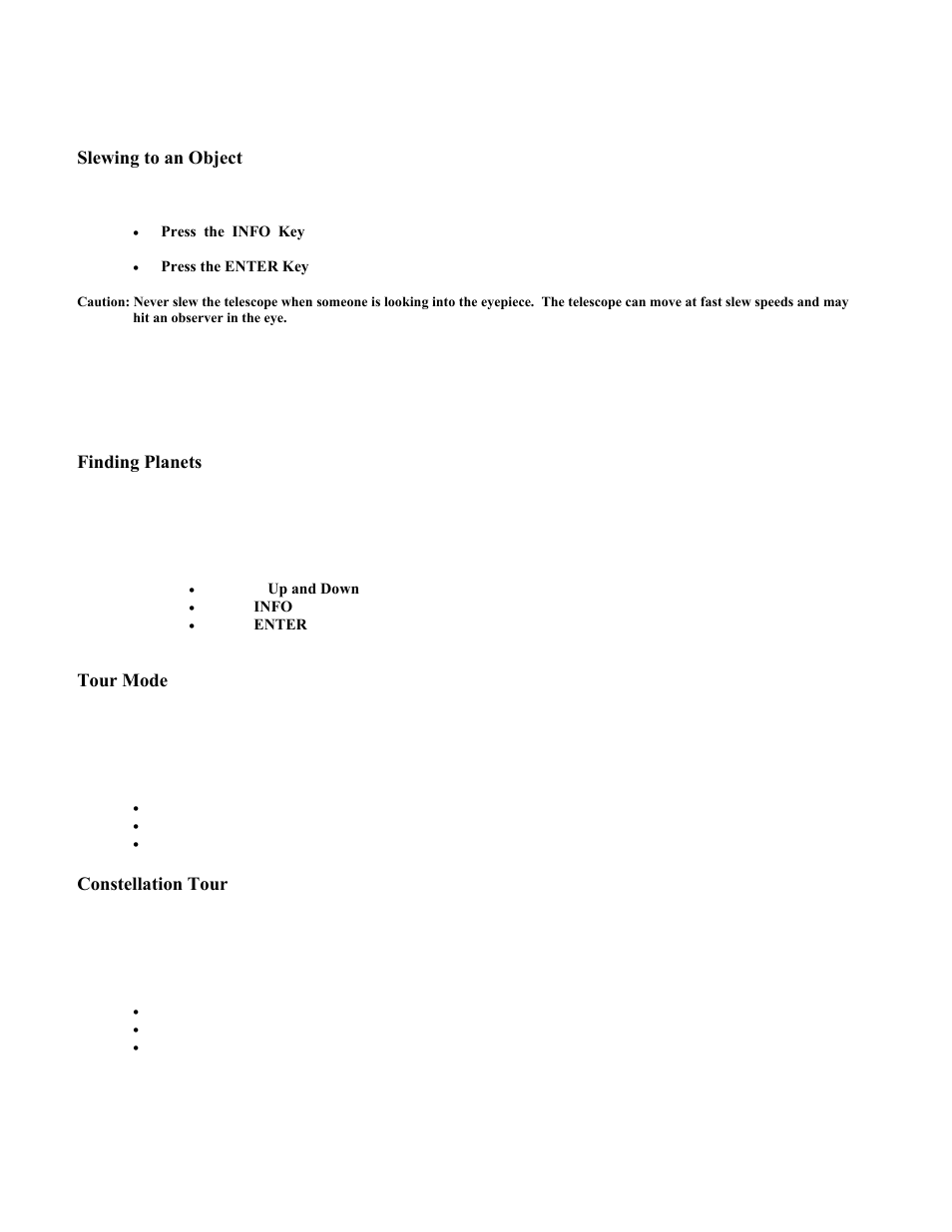 Slewing to an object, Finding planets, Tour mode | Constellation tour | Celestron CGEM 1100 User Manual | Page 22 / 71