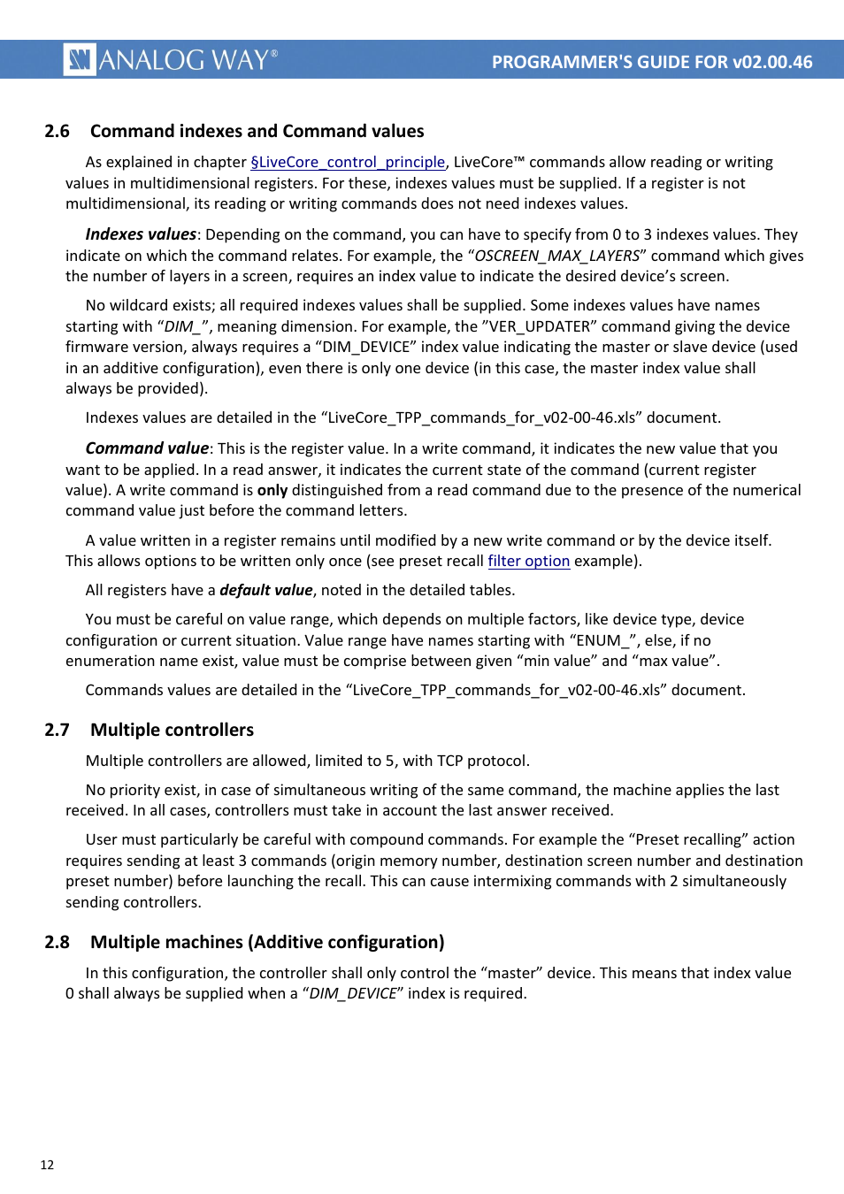 Command indexes and command values, Multiple controllers, Multiple machines (additive configuration) | Analog Way LIVECORE PLATFORM TPP Current Programmer's Guide User Manual | Page 12 / 44