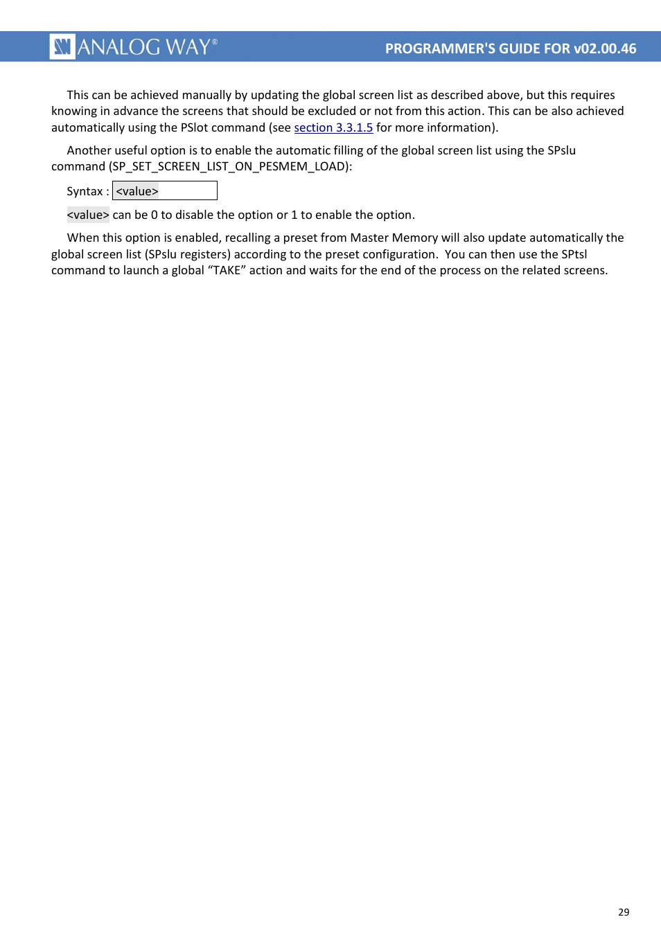 Spslu | Analog Way LIVECORE PLATFORM TPP Current Programmer's Guide User Manual | Page 29 / 44