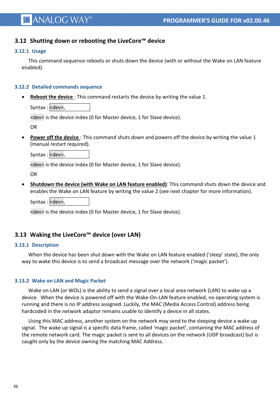 Shutting down or rebooting the livecore™ device, Waking the livecore™ device (over lan), 12 shutting down or rebooting the livecore™ device | 1pcreb, 1pcsht, 2pcsht, 13 waking the livecore™ device (over lan) | Analog Way LIVECORE PLATFORM TPP Current Programmer's Guide User Manual | Page 36 / 44