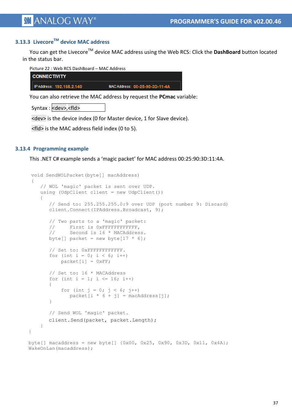 Picture 22 : web rcs dashboard – mac address, Pcmac | Analog Way LIVECORE PLATFORM TPP Current Programmer's Guide User Manual | Page 37 / 44