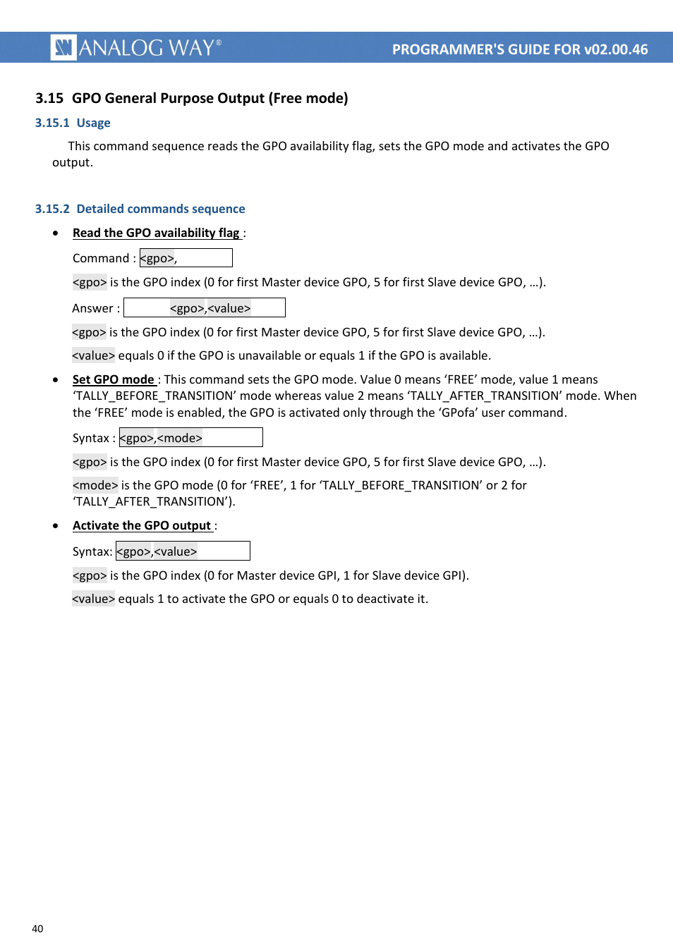 Gpo general purpose output (free mode), 15 gpo general purpose output (free mode), Gpoav | Gpomo, Gpofa | Analog Way LIVECORE PLATFORM TPP Current Programmer's Guide User Manual | Page 40 / 44