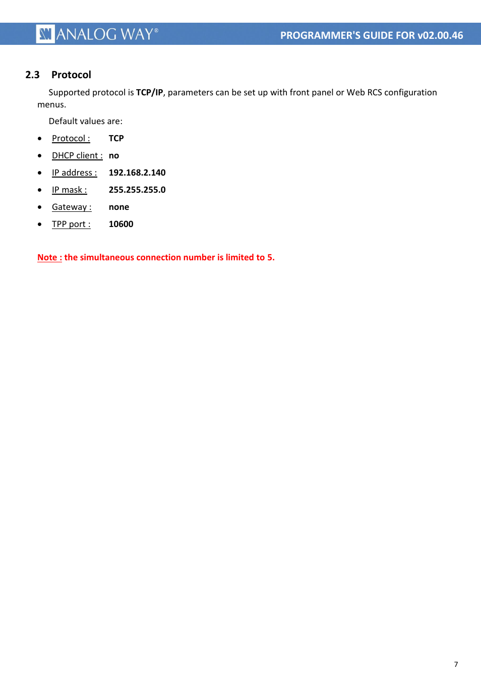 Protocol | Analog Way LIVECORE PLATFORM TPP Current Programmer's Guide User Manual | Page 7 / 44