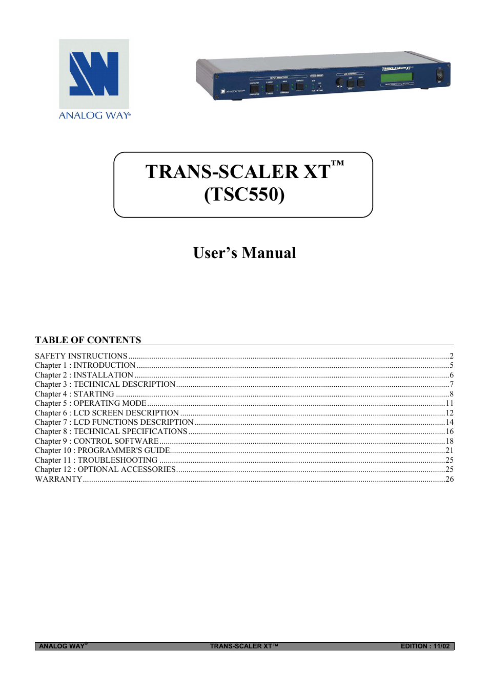 Analog Way Trans-Scaler XT - TSC550 User Manual | 26 pages