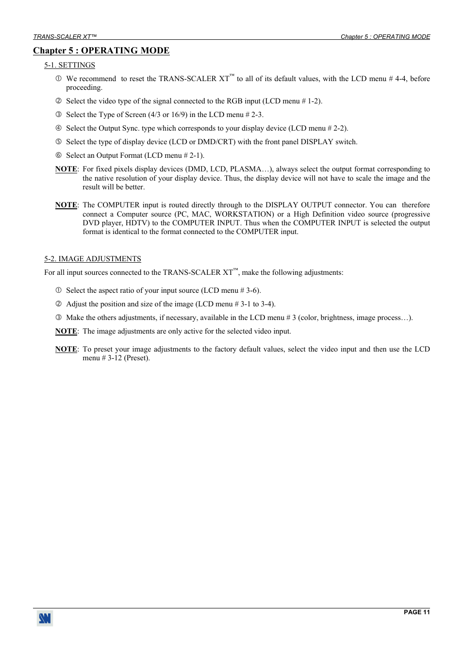 Operating mode, Settings, Image adjustments | Chapter 5 : operating mode | Analog Way Trans-Scaler XT - TSC550 User Manual | Page 11 / 26