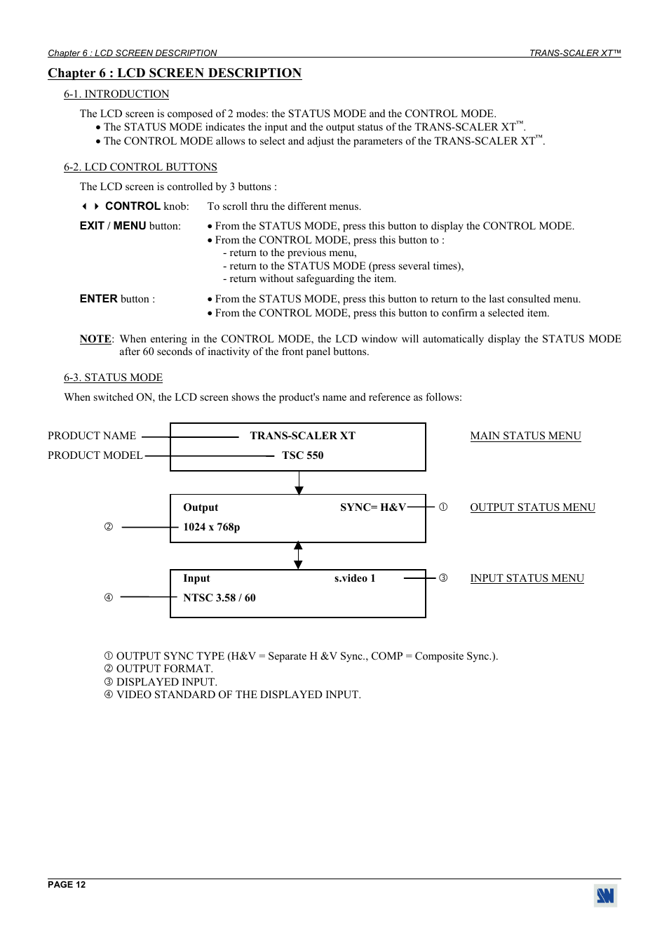 Lcd screen description, Introduction, Lcd control buttons | Status mode | Analog Way Trans-Scaler XT - TSC550 User Manual | Page 12 / 26