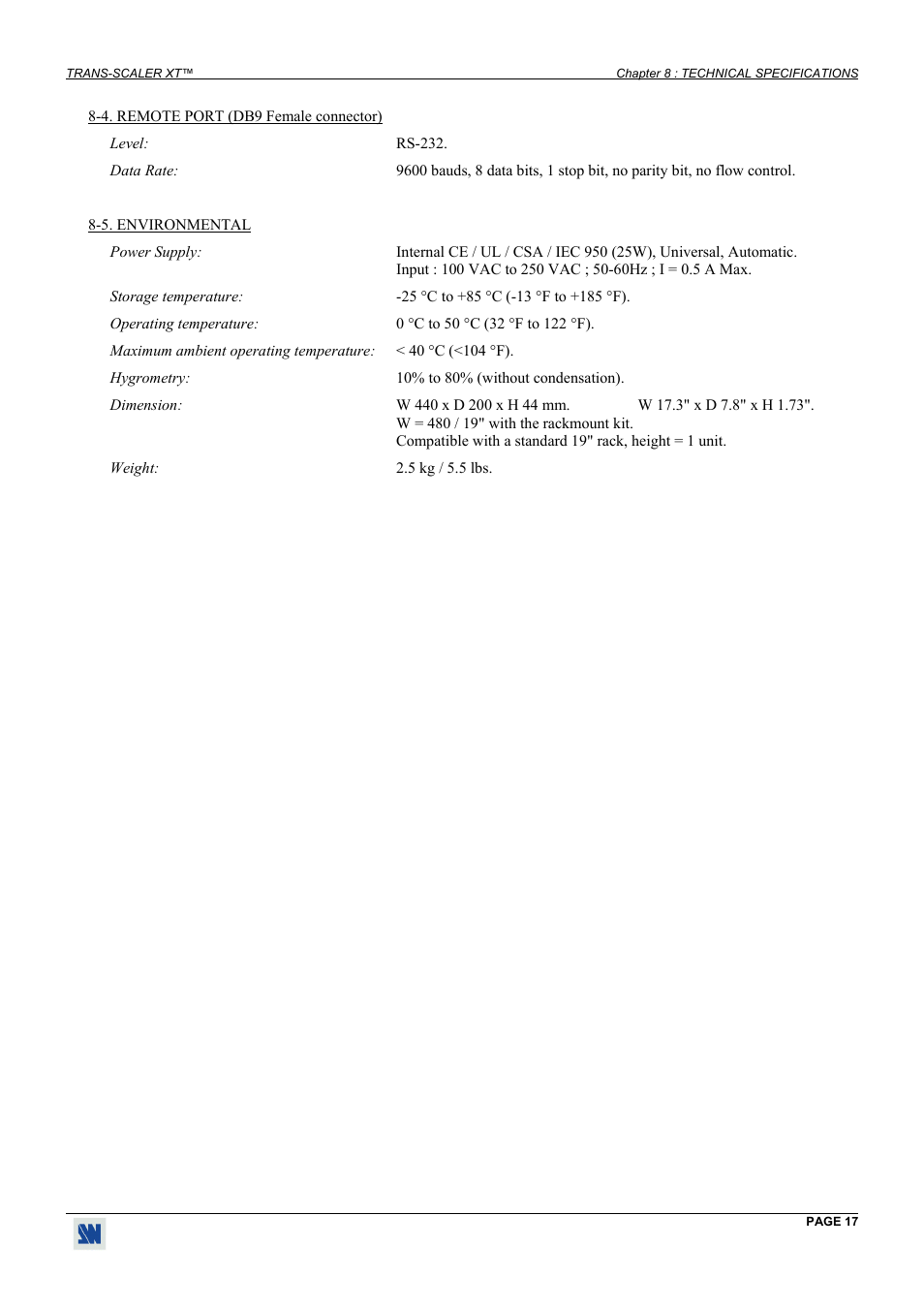 Remote port (db9 female connector), Environmental | Analog Way Trans-Scaler XT - TSC550 User Manual | Page 17 / 26