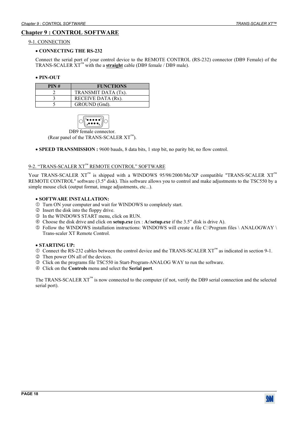 Control software, Connection, Trans-scaler xt™ remote control” software | Chapter 9 : control software | Analog Way Trans-Scaler XT - TSC550 User Manual | Page 18 / 26