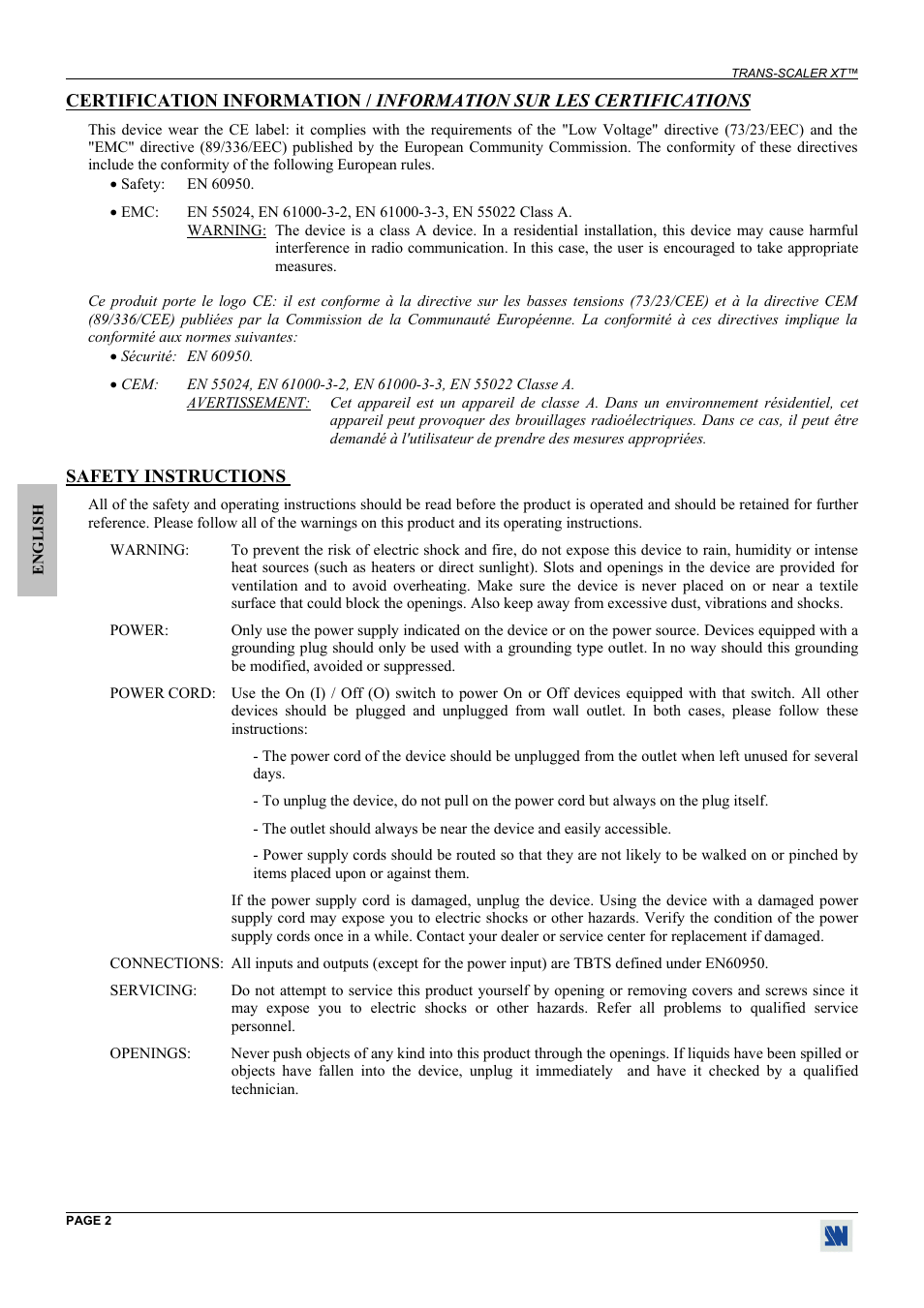 Safety instructions | Analog Way Trans-Scaler XT - TSC550 User Manual | Page 2 / 26